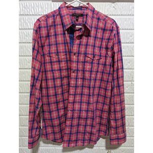 Banana Republic Men's Cotton Hot Pink Blue Plaid Button Up Shirt Size Large